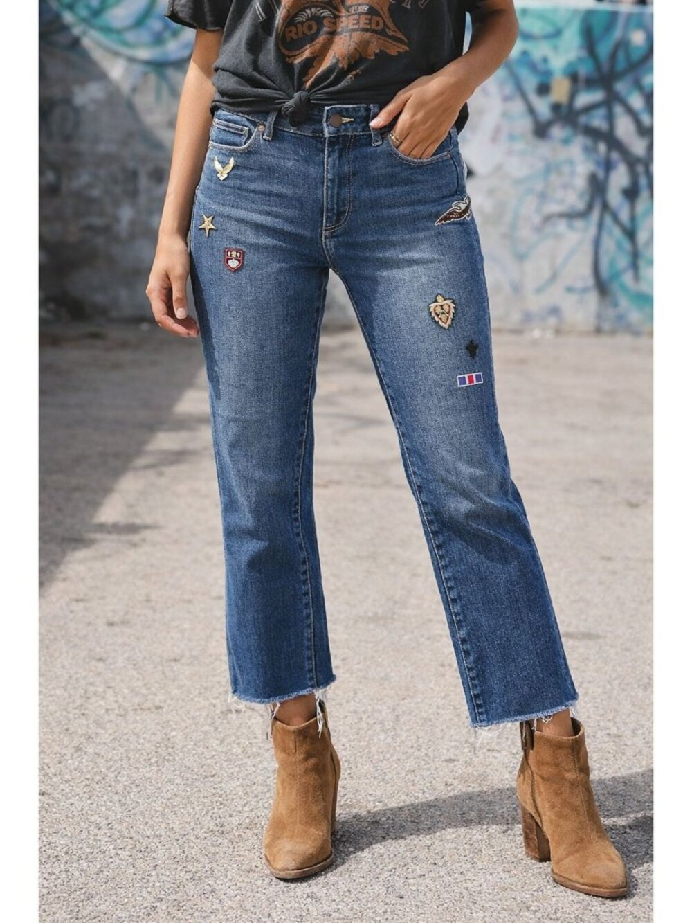 Paige Blue Jacqueline Patch Straight leg Jeans Cropped Raw Hem denim Y2k boho